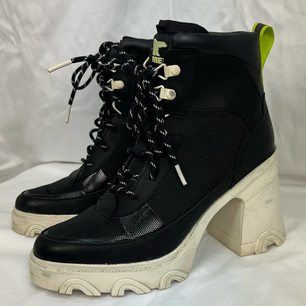 Sorel Brex Lace-up Booties in black, cream with lime green details. - Picture 4 of 11